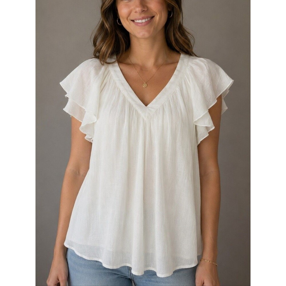 Maurices Off White Cream Soft Flowy Semi Sheer Lined V-neck Blouse, M